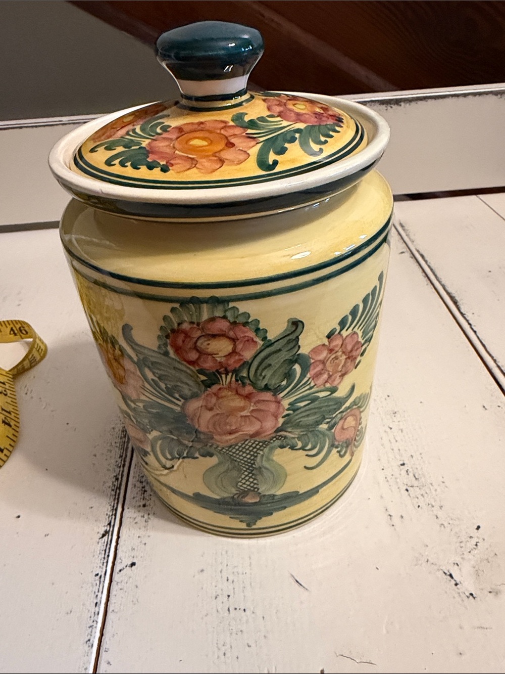 Pretty yellow and green cannister with lid.  Pottery from Greece.   AS IS!